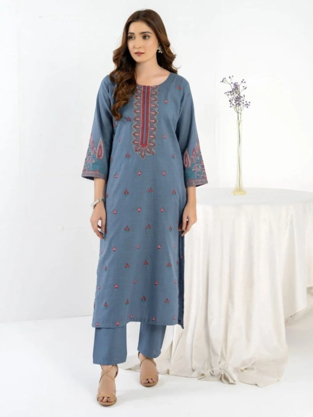 Embroidered Blue Cotton Kurta Set - Women's Tunic & Pants